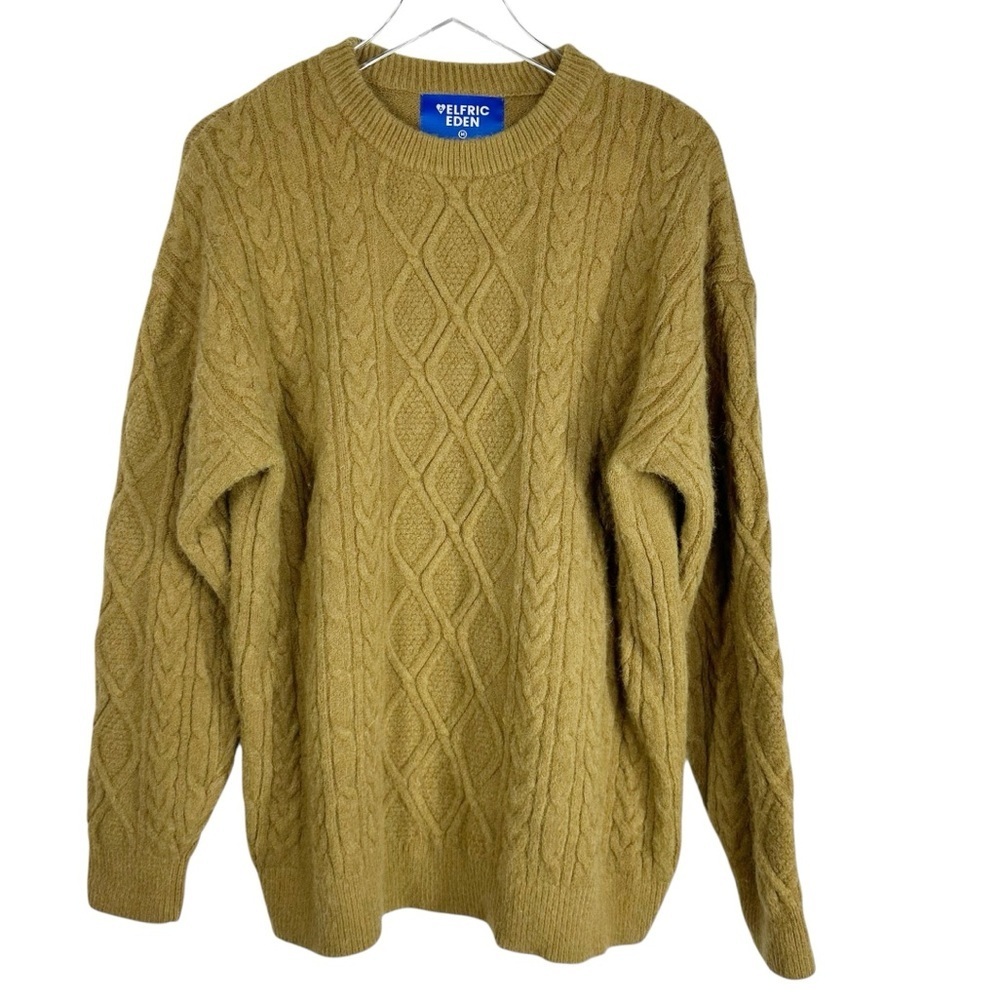 ELFRIC EDEN Women's Medium chartreuse fisherman Cable Knit Crewneck Sweater